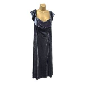 Soft Blue Velvet Midi Dress Womens 16 Slit Ruffle Cap Sleeve Sweetheart Sheath
